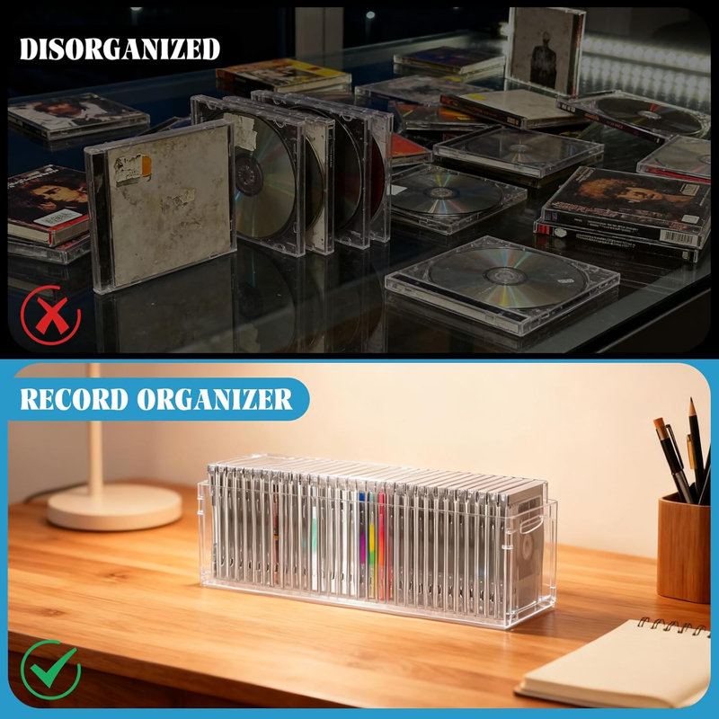 Ensemble de 2 boîtes de rangement pour DVD / CD en acrylique transparent avec poignées et support de rangement empilable
