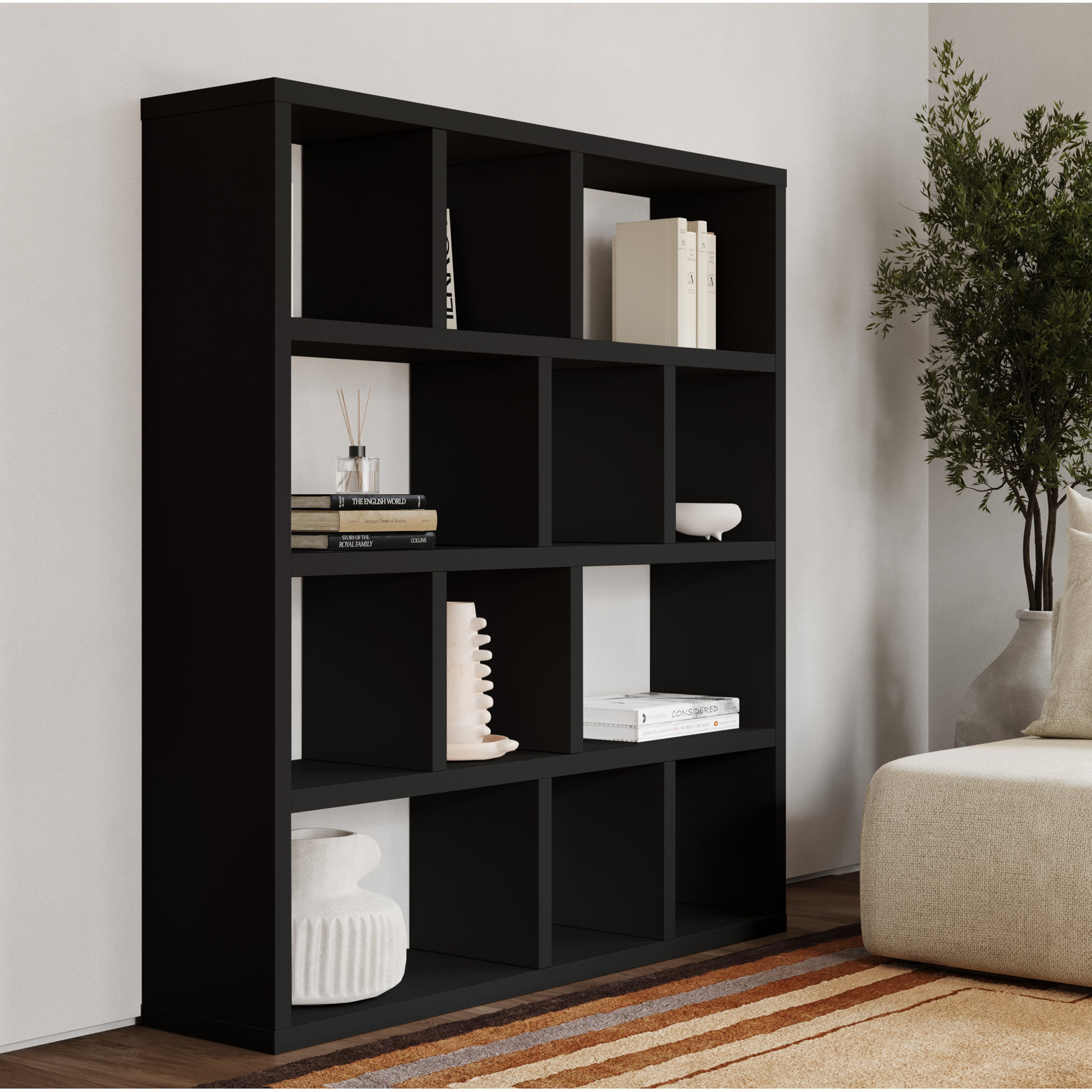 Stetson Manufactured Wood Bookcase , (4 Shelves) 63" H x 59" W x 13" D, Pure Black