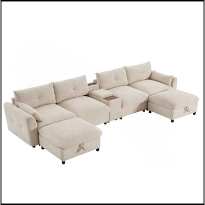 Canapé modulaire de 142 po avec repose-pieds et console de rangement mobile, porte-gobelet, siège large, canapé en U de 6 places, canapé en chenille surdimensionné avec chargeur USB pour le salon, l’appartement,