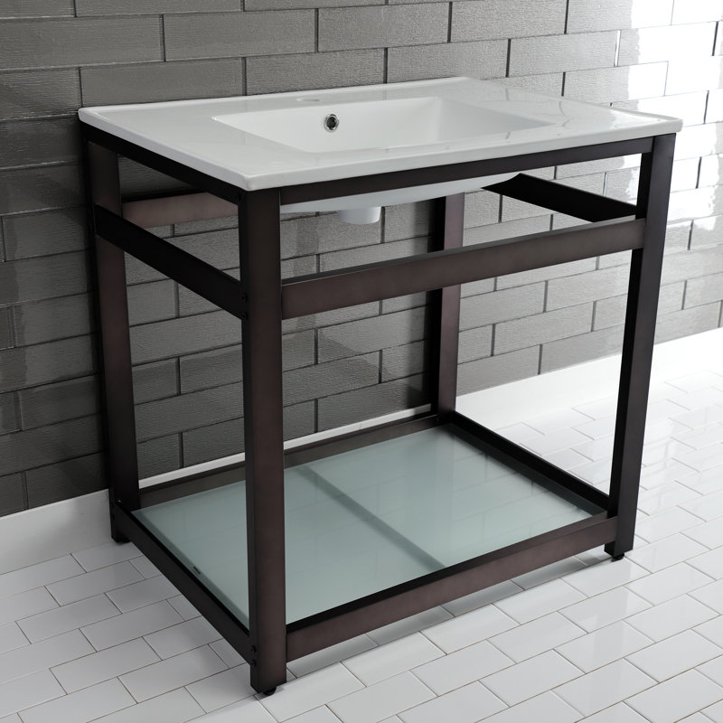 Kingston Brass Quadras 31-Inch Ceramic Console Sink with Steel Base and Glass Shelf, White/Oil Rubbed Bronze, Single