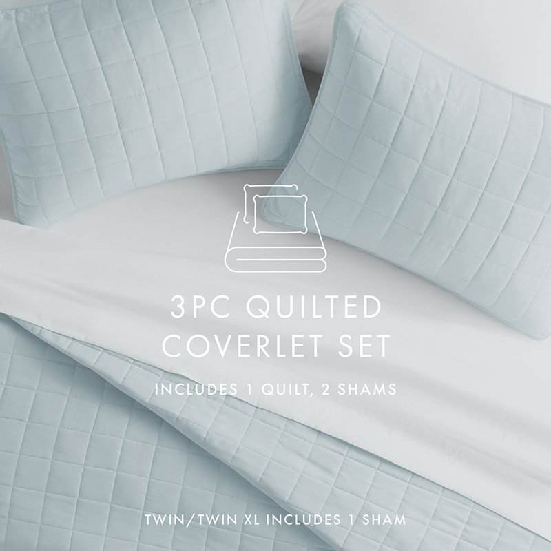 Quilt Coverlet Set All Season Microfiber Contemporary Ultra Soft Bedding in Square Stitch, Blue