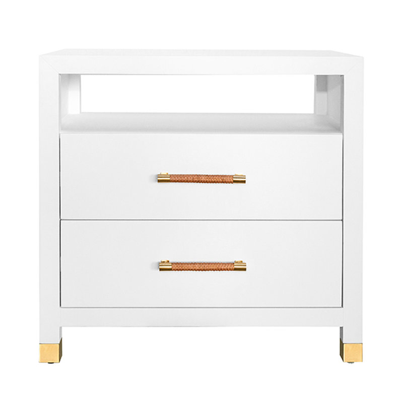 White Wood 2-Drawer Side Table with Rattan Handles