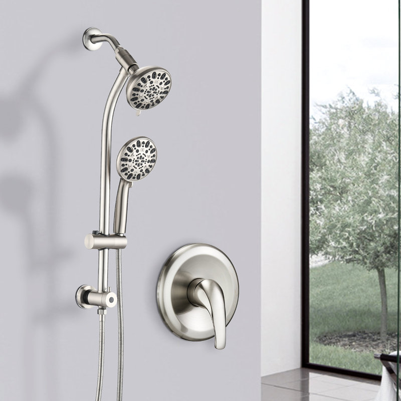 Pomme de douche double en nickel brossé avec perceuse - barre coulissante en acier inoxydable et gicleur de massage à 7 réglages 5 pouces
