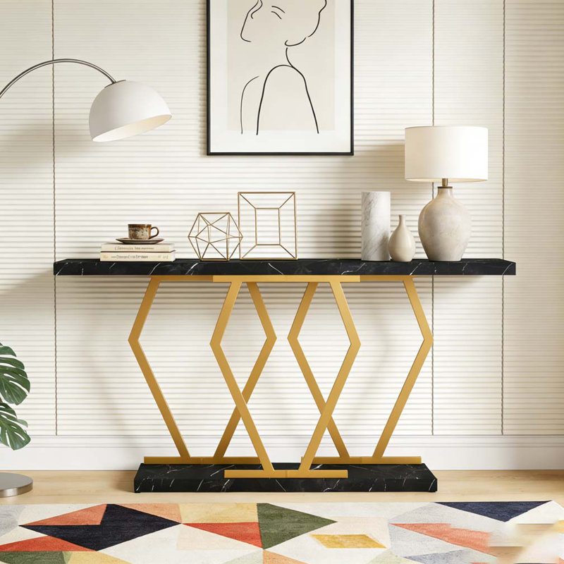 Table console moderne avec plateau en faux marbre, Or noir