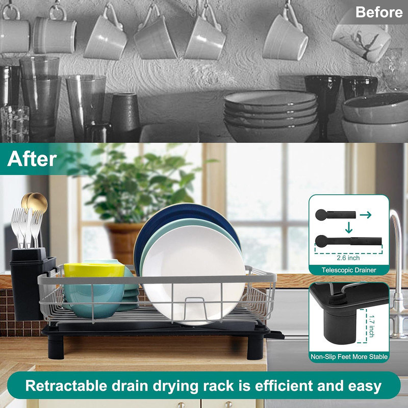 Gray Metal 2-Tier Dish Drying Rack with Utensil Holder