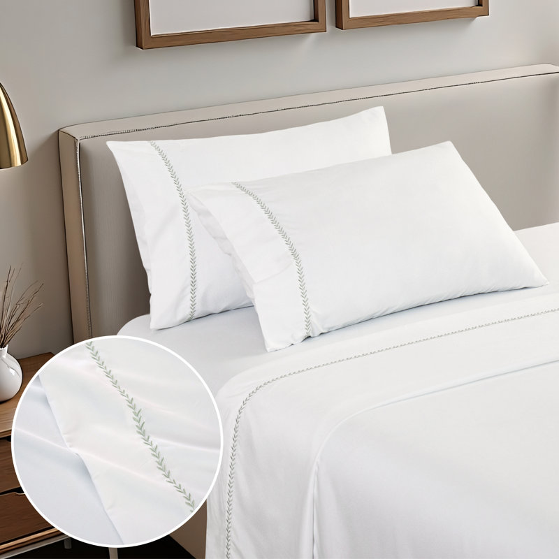 Leaf Embroidery Sheet Set, Green, Queen