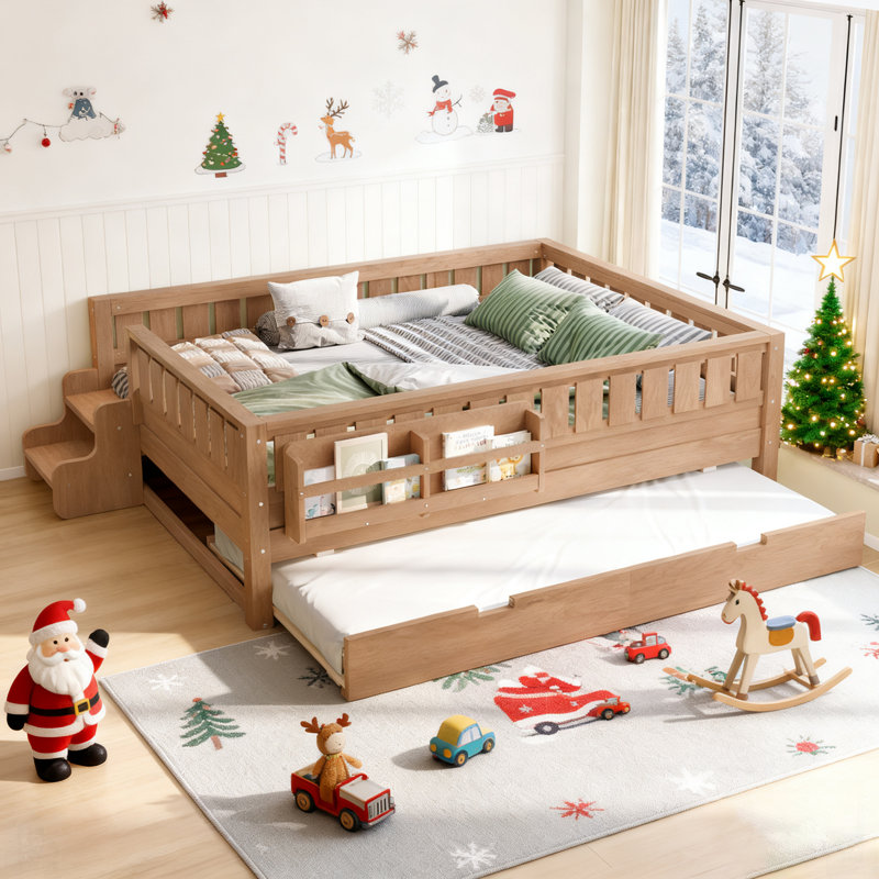 Natural Wood Bed With Built-In Bookshelves, Small Staircase, High-Quality Safety Rails, And Trundle, Natural, Full