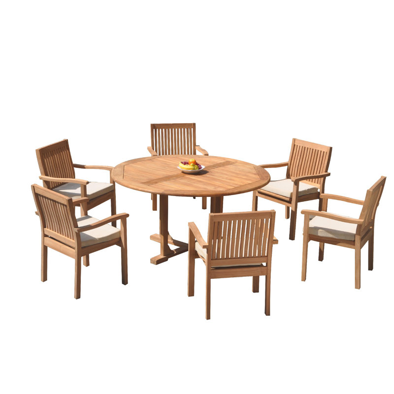 Mashburn 8 - Person Teak Wood Patio Dining Set with Round Table, 60" Round, 6