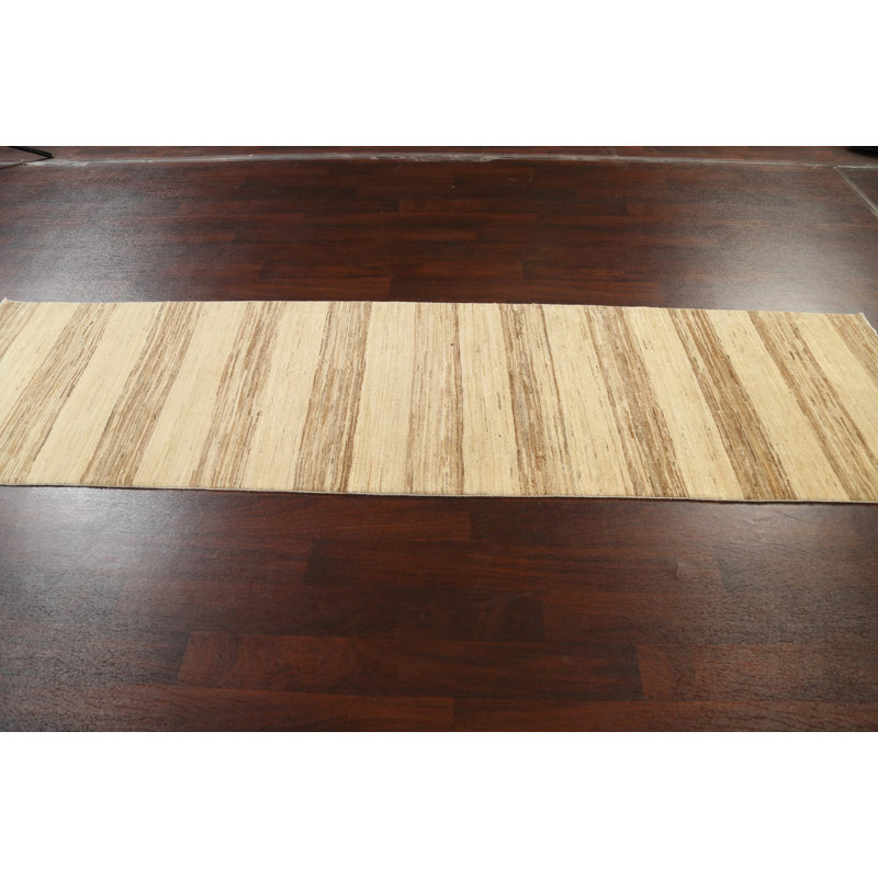 Tapis de couloir beige en laine noué à la main de conception unique 2 pi 8 po x 10 pi 6 po New Age
