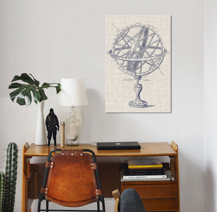 « armillary sphere on linen i », reproduction d’impression sur toile tendue, H 12 po x l 8 po x P 0,75 po, Toile tendue