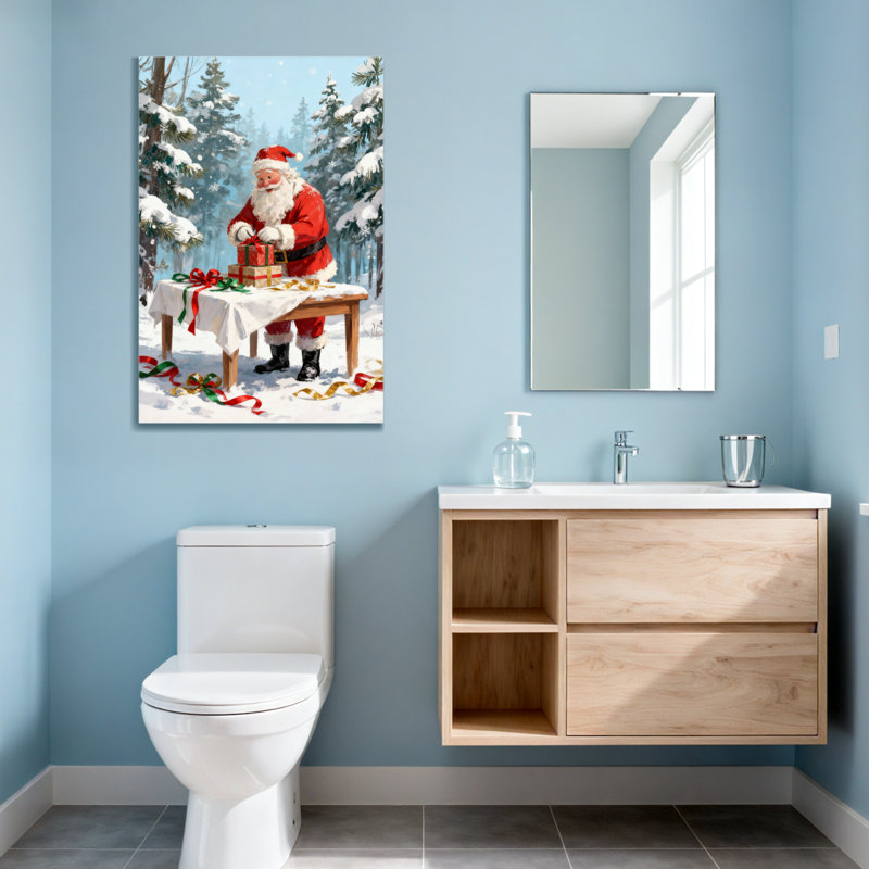 Noël père Noël emballant des cadeaux dans la forêt d'hiver, H 30 po x l 20 po