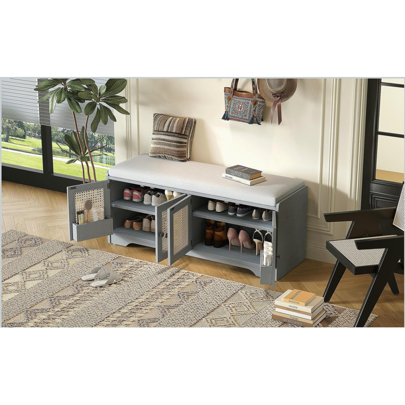 Rustic Storage Bench Multifunctional Wood Entryway Shoe Bench with Removable Cushion, Woven Rattan Doors & Adjustable Shelves