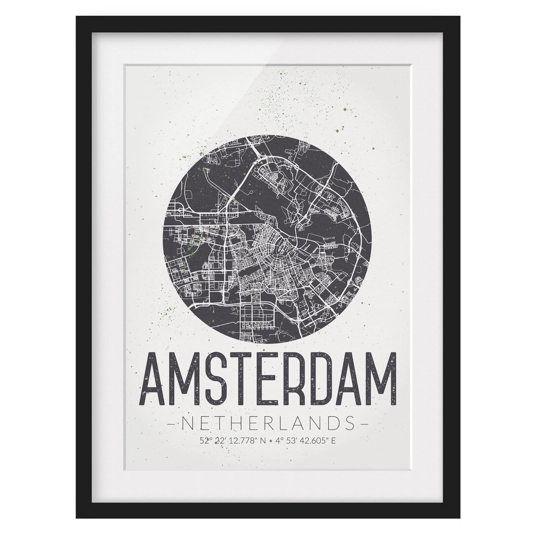 Gerahmtes Papierbild Stadtplan Amsterdam - Retro