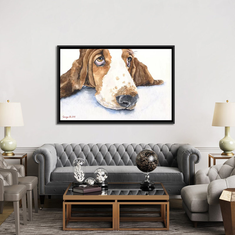 « basset v », impression sur toile, H 18 po x l 26 po x P 1,5 po, Toile tendue, Pas de tapis