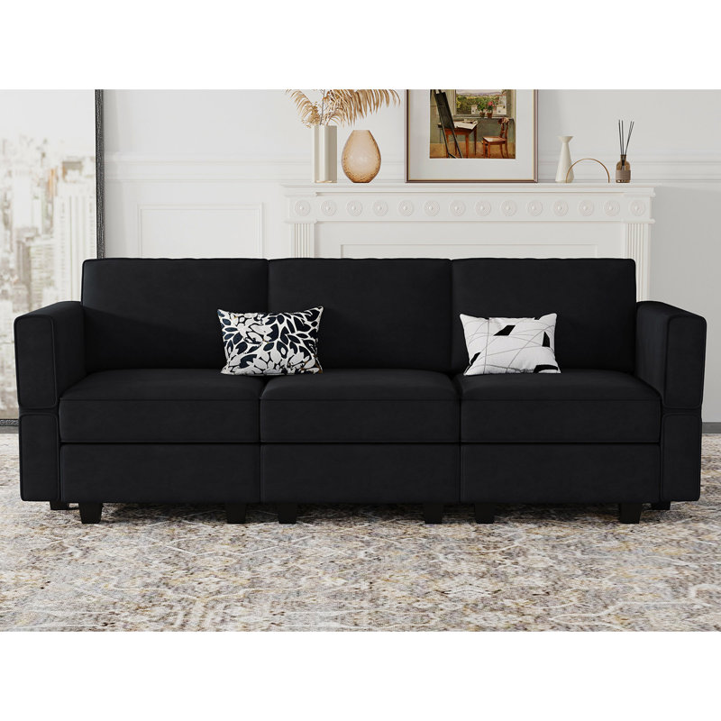 Nakash 90.2'' Wide Upholstered Modular Sectional Sofa 5-Piece 3-Seat Velvet Apartment Couch with Storage, Black Velvet