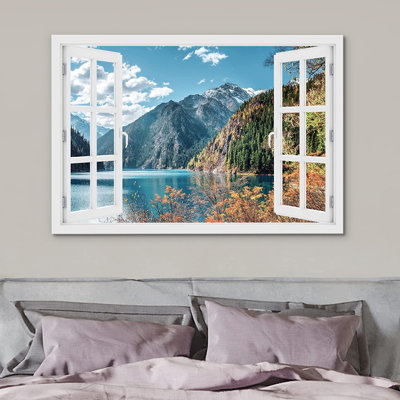 IDÉE4WALL, reproduction d'art sur toile, fenêtre, automne, montagne, lac, nature, photographie, réalisme, paysage rustique, coloré, multicolore, décor pour le salon, la chambre à coucher, le bureau