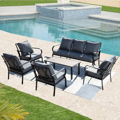 Ensemble de conversation pour patio 7 personnes avec coussins - canapé 3 places, 4 chaises fixes et table basse, ensemble de conversation en métal toutes saisons pour cour, jardin et balcon