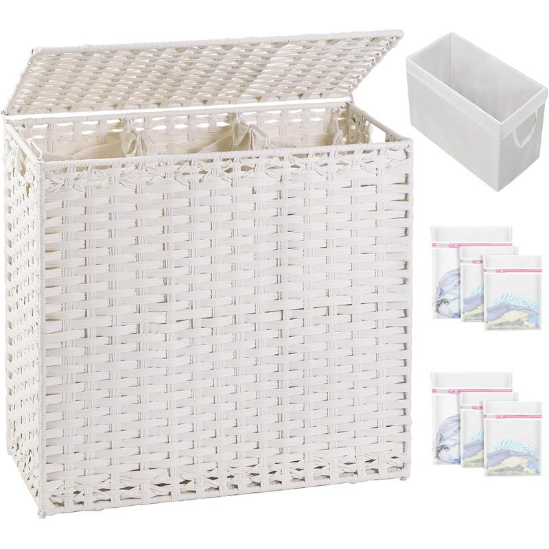 Laundry Hamper With Lid Laundry Basket 132 L (35 Gal) Wicker Clothes Hamper, Handwoven Rattan Hamper With Handles And 4 Removable Liner Bags, 6 Mesh Bags For Laundry Bedroom