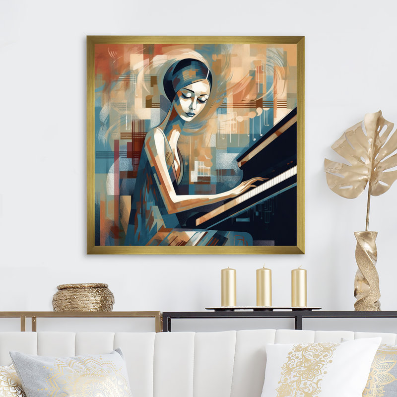 Classic Pianist féminin III, H 16 po x l 16 po x P 1 po, Toile encadrée dorée avec coins fermés