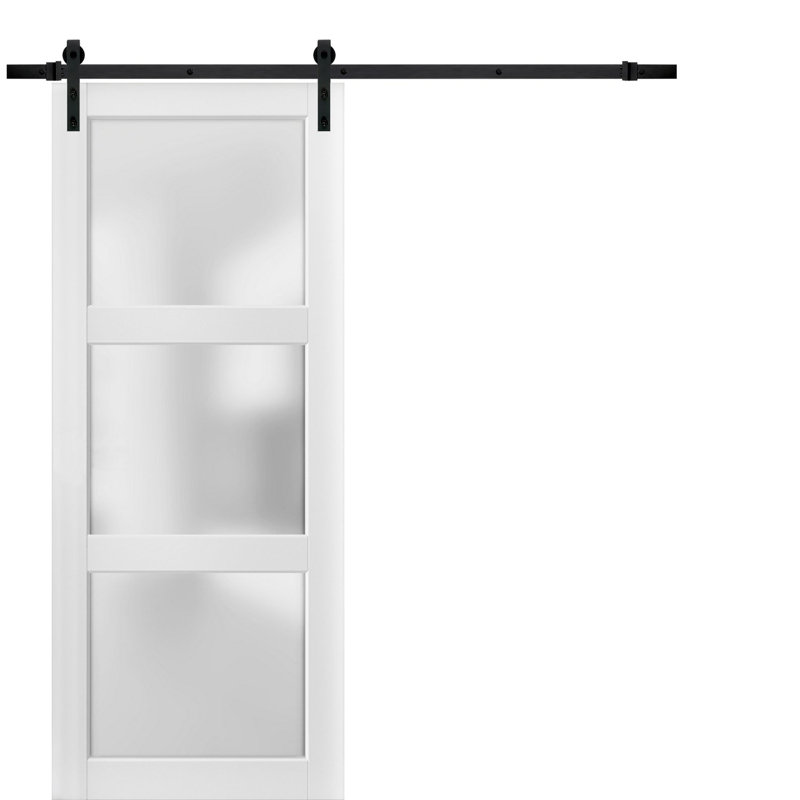 Porte de grange en verre givré blanc Lucia avec trousse de quincaillerie d'installation, 36 po x 80 po, Noir