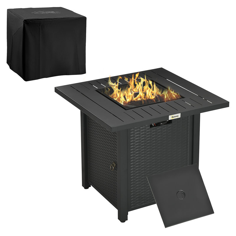 Table de foyer d'extérieur au propane en fer H 24,8 po x l 28 po avec couvercle