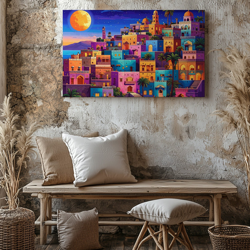 Toile «Vibrant Dream City», art mural inspiré de la Méditerranée, paysage nocturne, H 11 po x l 14 po