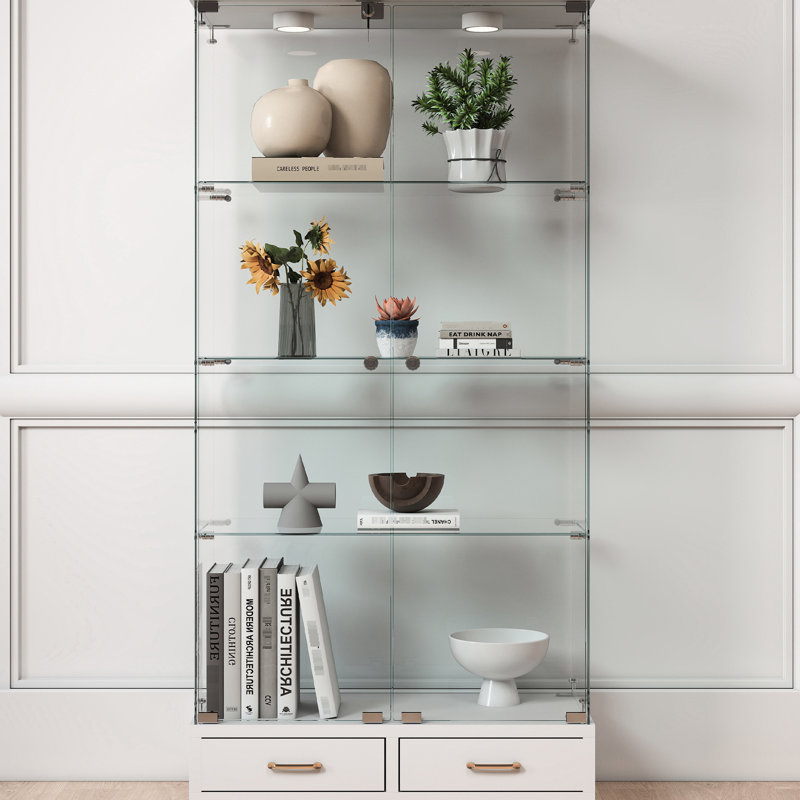 Étagère de rangement blanche à 2 portes avec lumières à DEL, 4 tablettes et grands tiroirs pour la chambre à coucher., Blanc