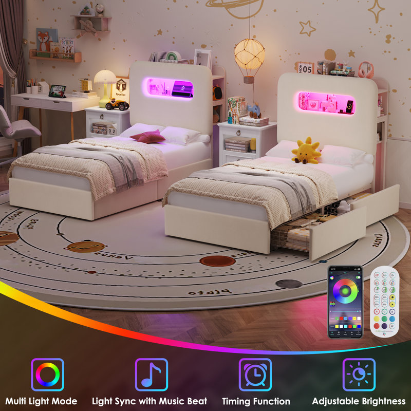 Upholstered Bed Frame, Storage Bed with LED and Charging Station, Twin, White