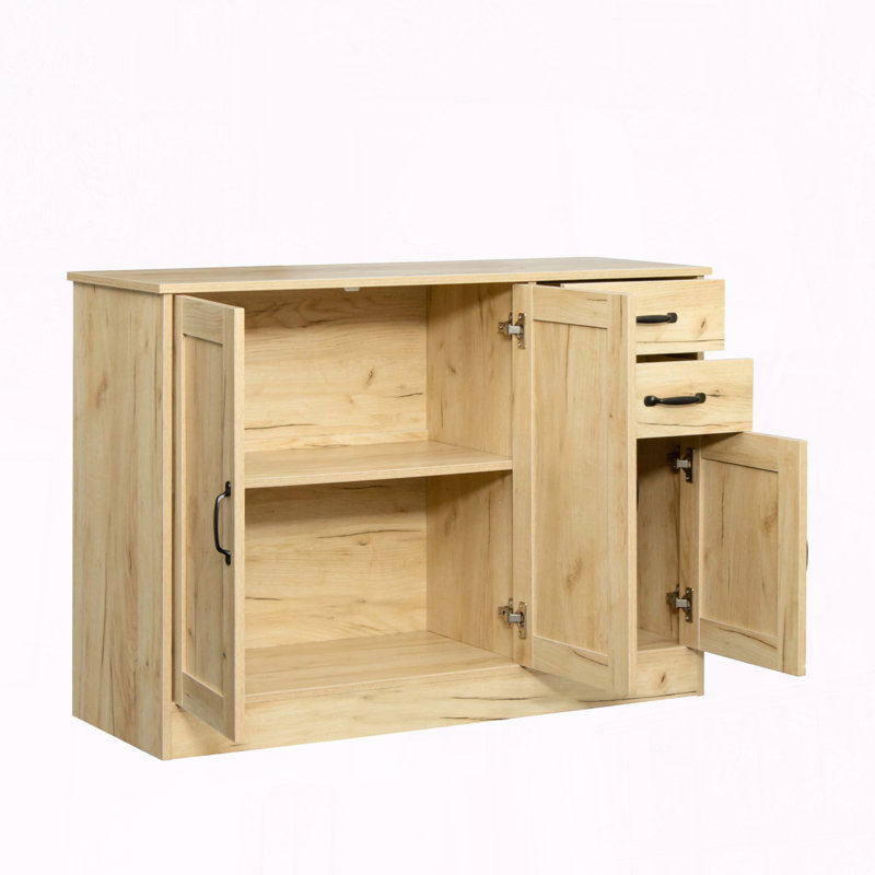 Modern Wood Buffet Sideboard with Doors, Drawers, and Adjustable Shelves, Oak