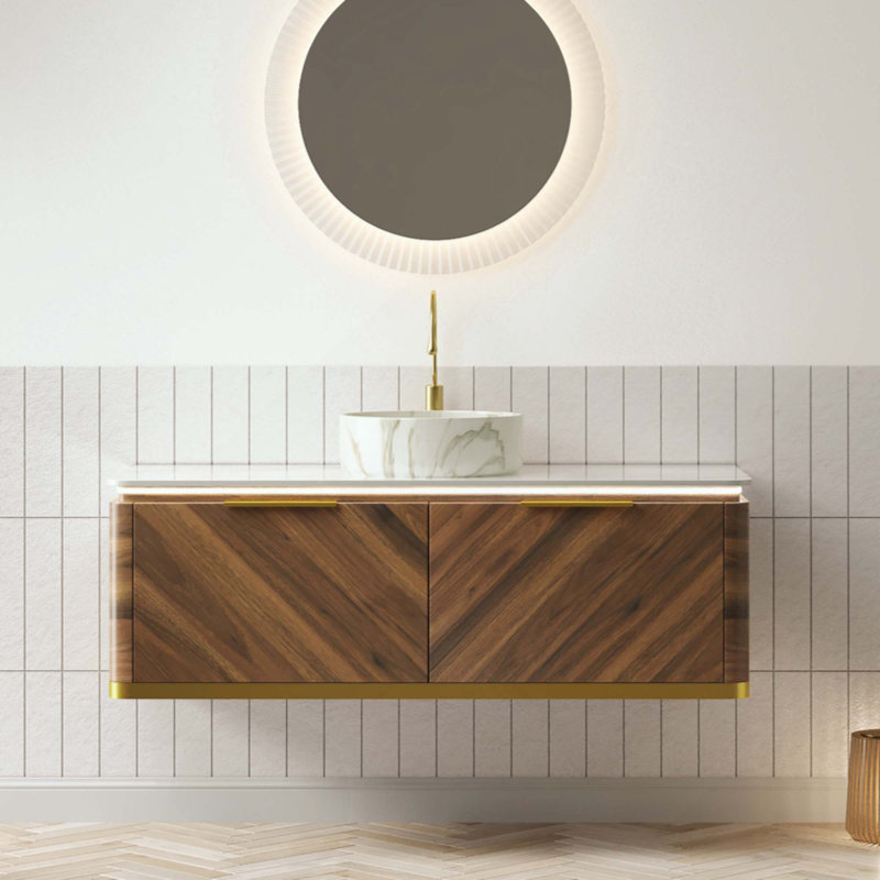 Meuble-lavabo de salle de bain, meuble de rangement flottant en contreplaqué, tiroirs avec poignée et capteur de lumière, vasque en céramique à motif de pierre et plateau en pierre frittée, pré-assemblé