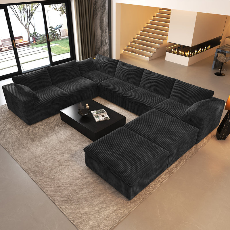 Canapé modulaire en coin en forme de U 8 pièces Boneless, Rembourrage en mousse noire / velours côtelé