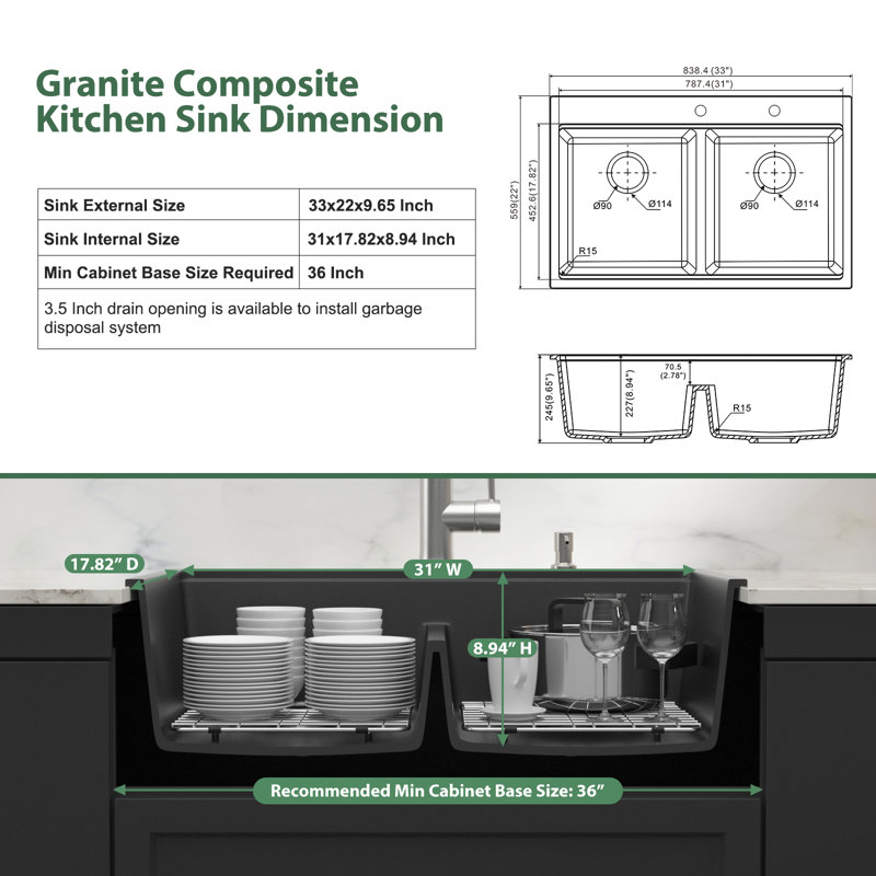 Évier de cuisine à double cuve encastré à quartz L 33 po x l 22 po avec accessoires Quartz
