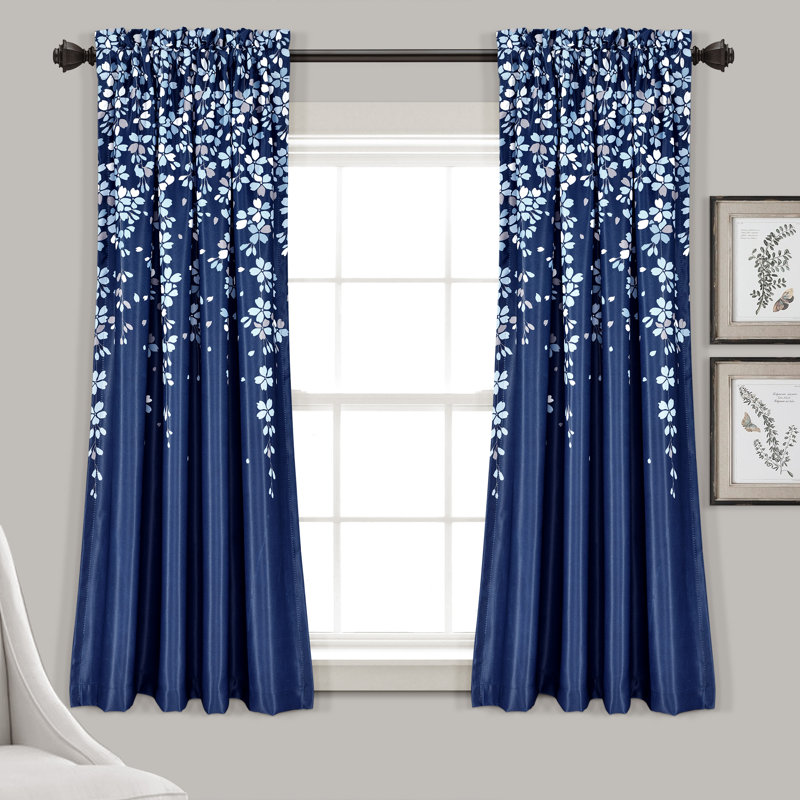 Weeping Flowers Room Darkening Pair, Navy, 52" W x 63" H