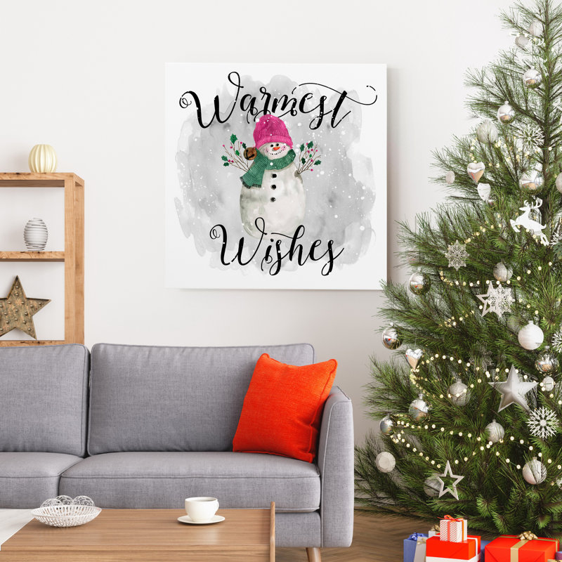 «Snowman Warmest Wishes», reproduction d'art textuel sur toile tendue, H 16 po x l 16 po x P 1 po
