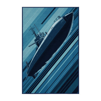 Soft Plush Efimov Submarine Vessel Industrial Area Rug in Blue – Navy Binding
