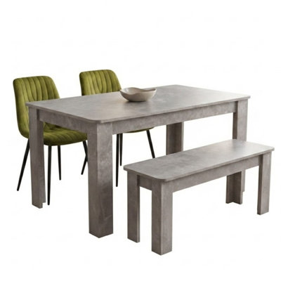 Stone Grey Dining Table Set with 2 Green Velvet Chairs and Stone Grey Bench 4 Seater Kitchen Set