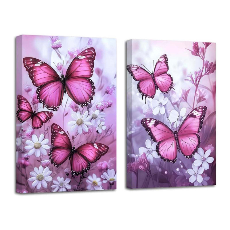 Butterfly Picture Wall Decor Fantasy Wall Art 2 Piece Butterflies With Flower Painting Prints Rustic Floral Framed Artwork (2 Pieces)