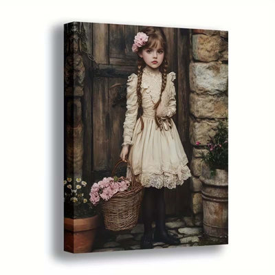 30*20，1pc, A little girl in a dress holding a basket of flowers Wooden Frame Canvas Wall Art Modern Vintage Design.