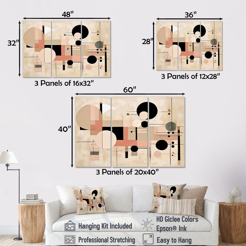 Cubisme beige et rose Synergy I - ensemble de décorations murales abstraites, Toile tendue, H 40 po x l 60 po x P 1 po