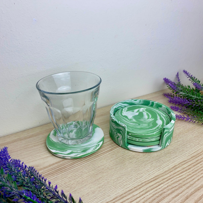 Stoneware Round 4 Piece Coaster Set With Holder, Green