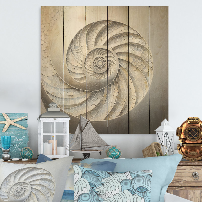 Coquillage argenté tourbillonnant I - Nautilus, art sur bois de pin naturel, H 30 po x l 30 po