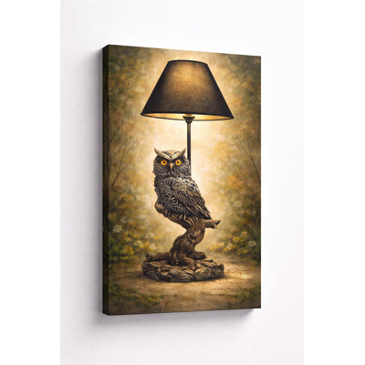 Reproduction d'art sur toile de chouette lampe murale, faune rétro, art de la forêt rustique pour le salon chambre à coucher, impression sur toile 16 x 24 pouces - prête à être accrochée