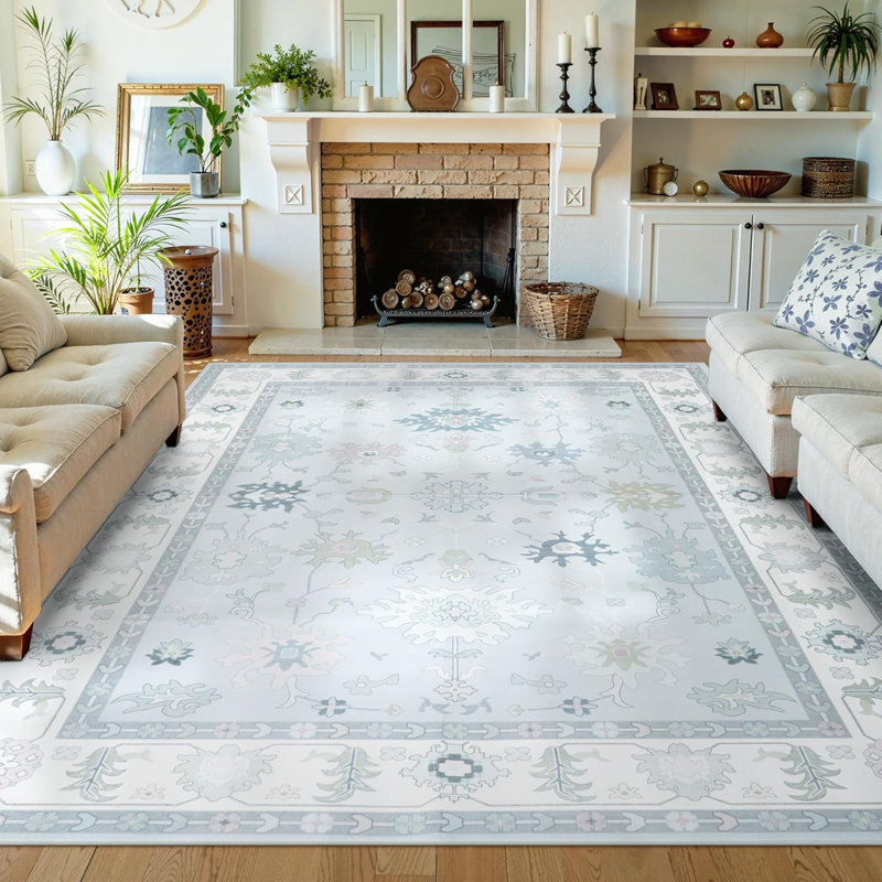 Guilhermina Vintage Oushak Washable Floral Area Rug with Non-Slip Backing, Distressed Traditional Rug for Living Room, Bedroom