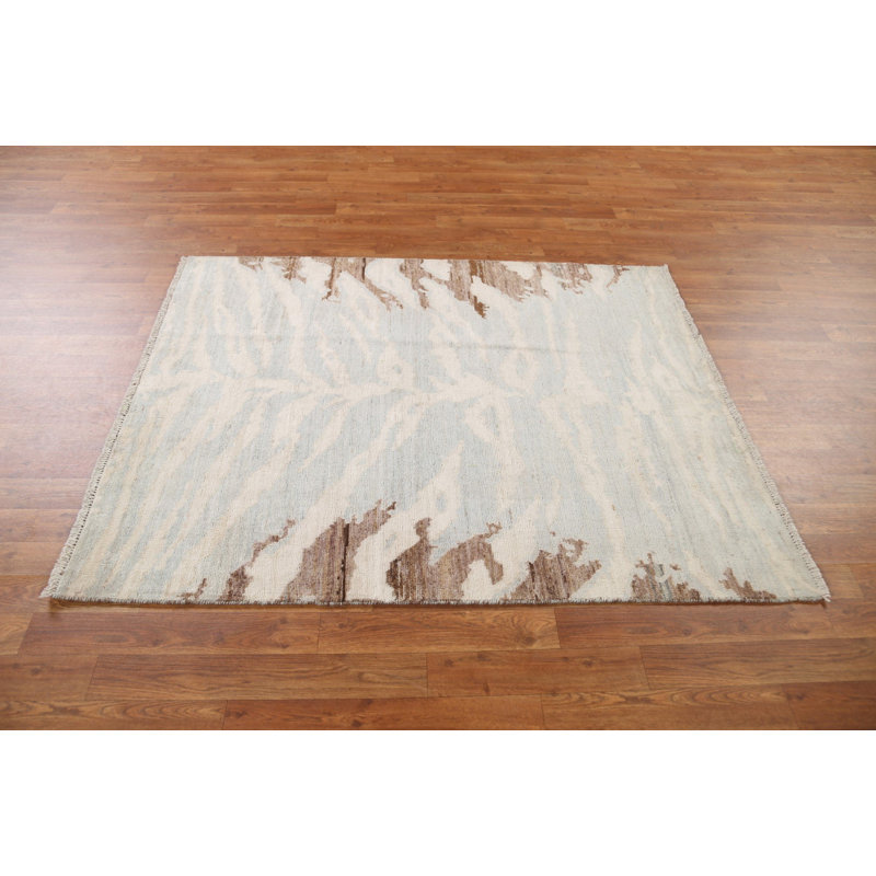 Tapis gris en laine noué à la main de conception unique 3 pi 11 po x 4 pi 11 po New Age