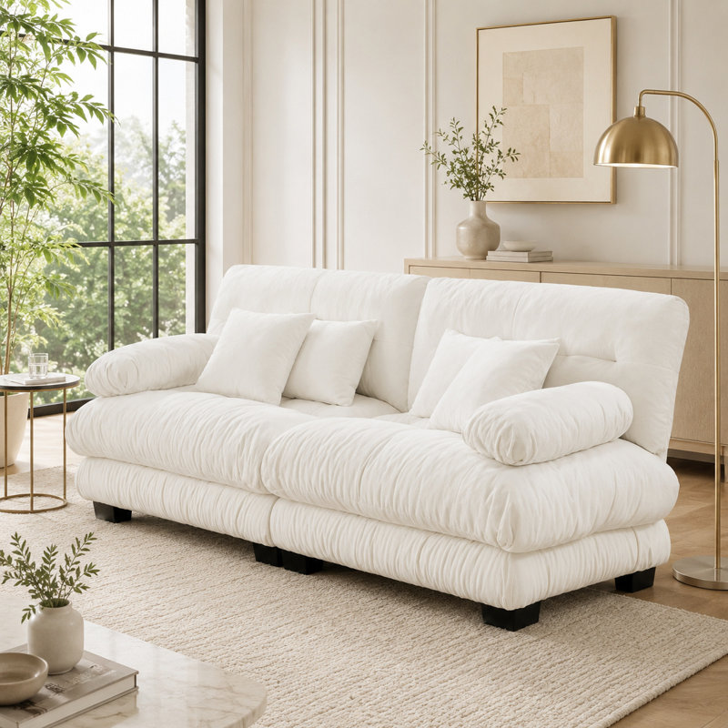 Canapé 2 places en chenille blanche moelleuse avec assises profondes et coussins moelleux pour salon, 2 sièges