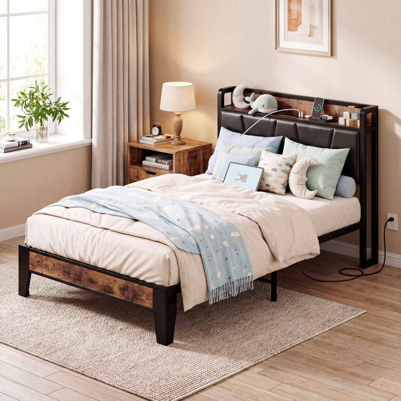 Alisyn Vegan Leather  Twin XL Bed Frame with Storage and Charging Station
