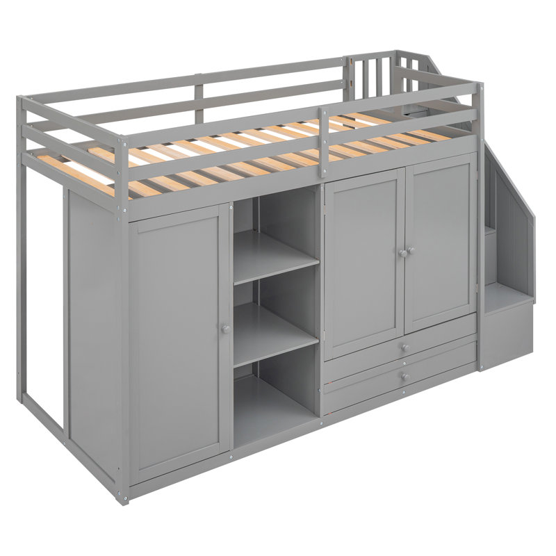 Lit mezzanine fonctionnel avec 3 tablettes, 2 armoires et 2 tiroirs, échelle avec rangement, aucun sommier nécessaire, gris