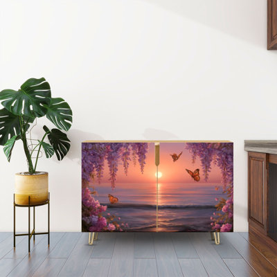 Buffet Buffet avec rangement Papillons colorés encadrant Serene Ocean Sunset avec 2 portes pour le salon et la cuisine