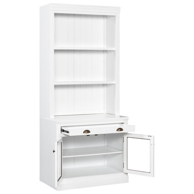 Suite blanche de 83,4 po de hauteur avec éclairage à DEL, 2 tiroirs, portes en verre et tablettes ouvertes pour le rangement à la maison