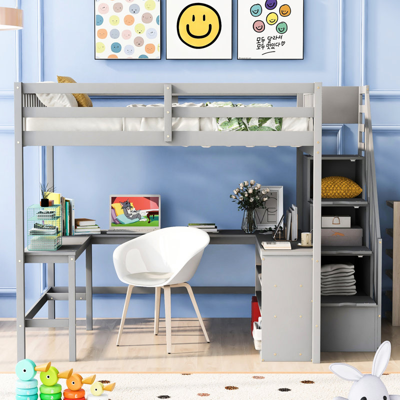 Lit mezzanine avec bureau en forme de L et rangement - Maximisez votre espace de vie encastré, configuration de chambre à coucher efficace